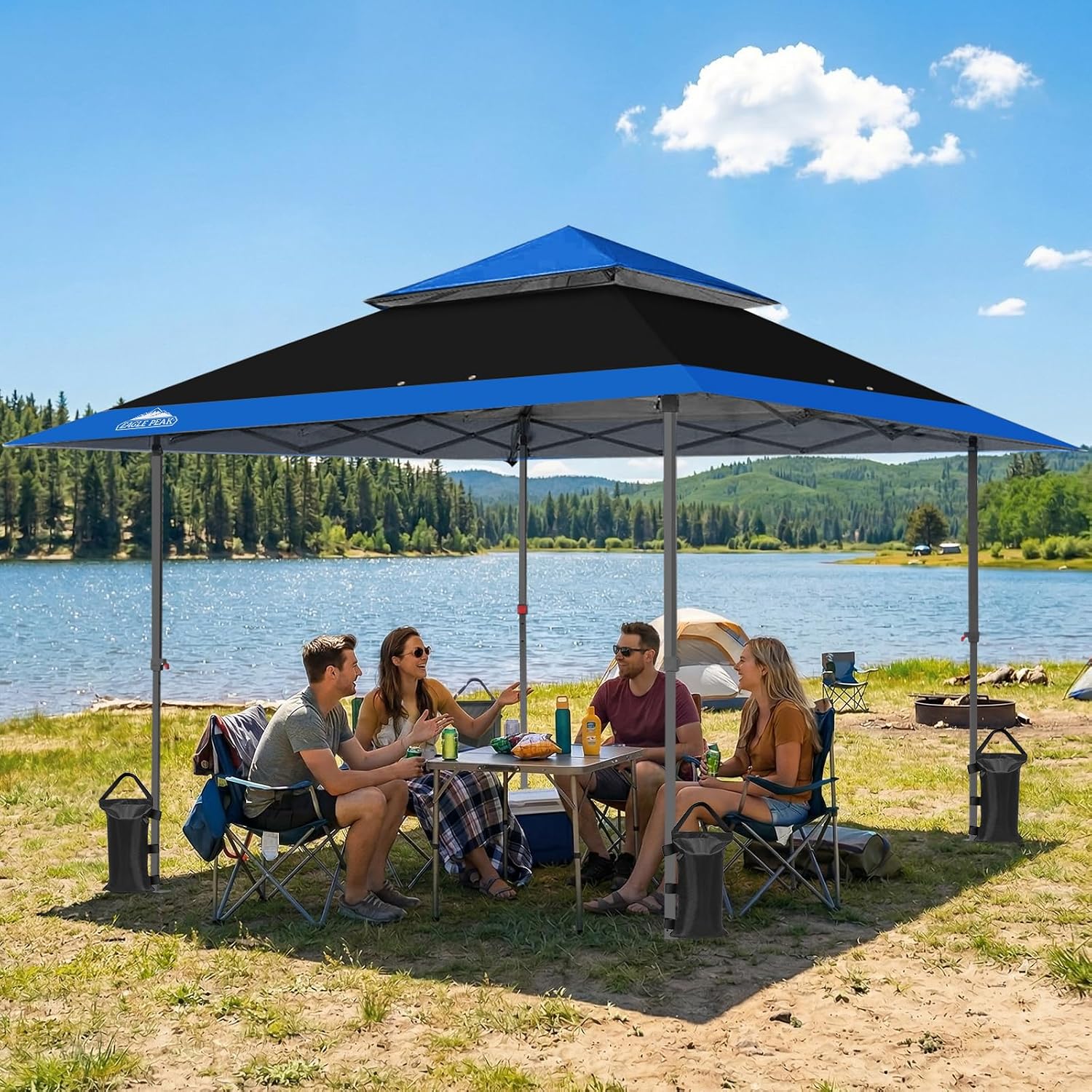 EAGLE PEAK 13x13 Straight Leg Pop Up Canopy Tent Instant Outdoor Canopy Easy Single Person Set up Folding Shelter w/Auto Extending Eaves 169 Square Feet of Shade (Black/Blue)