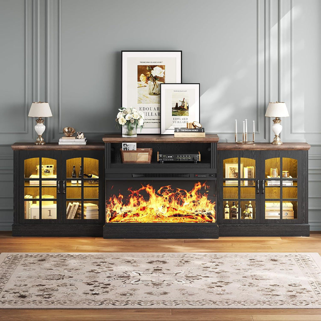 97' Fireplace TV Stand with 36' Electric Fireplace, Farmhouse Entertainment Center for TVs up to 100', Media Console Table with Large Storage Cabinets, for Living Room, Black