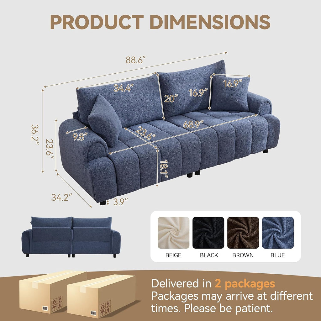 88 'Modern Boucle Sofa Couch, Oversized Comfy 3 Seater Sherpa Curved Sofas Deep Seat, Upholstered Loveseat Teddy Round Arm Couches for Living Room, Bedroom, Blue