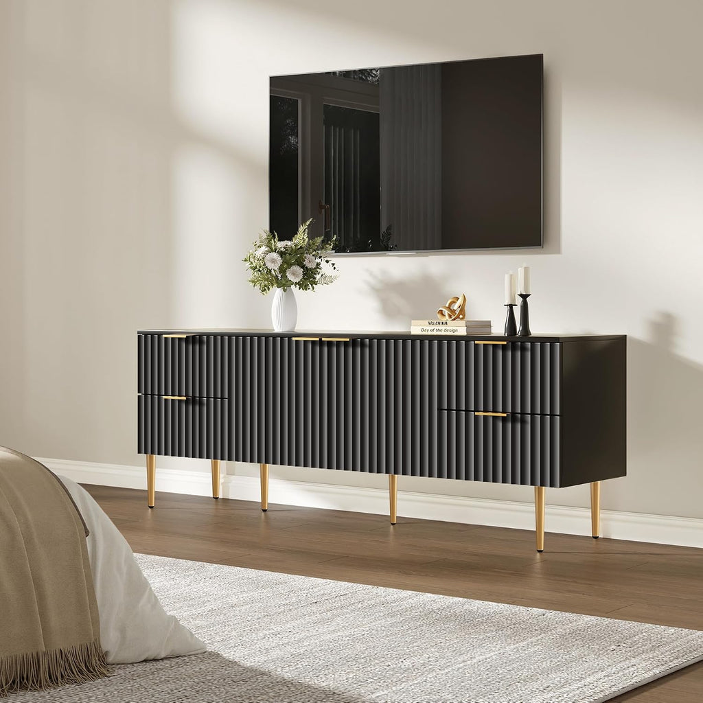SICOTAS TV Stand for 55/60/65/70 Inch TV - 62 Inch TV Stands for Living Room Entertainment Center with 4 Drawers, Fluted Modern TV Media Console Television Cabinet for Bedroom (Black,1 Piece)
