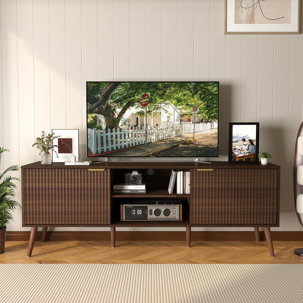 TV Stand for Living Room to 55/60/65/70 Inches, Mid Century Modern TV Consoles with Power Outlet, Entertainment Center with Door Cabinets and Open Shelves for Living Room, Bedroom, Walnut