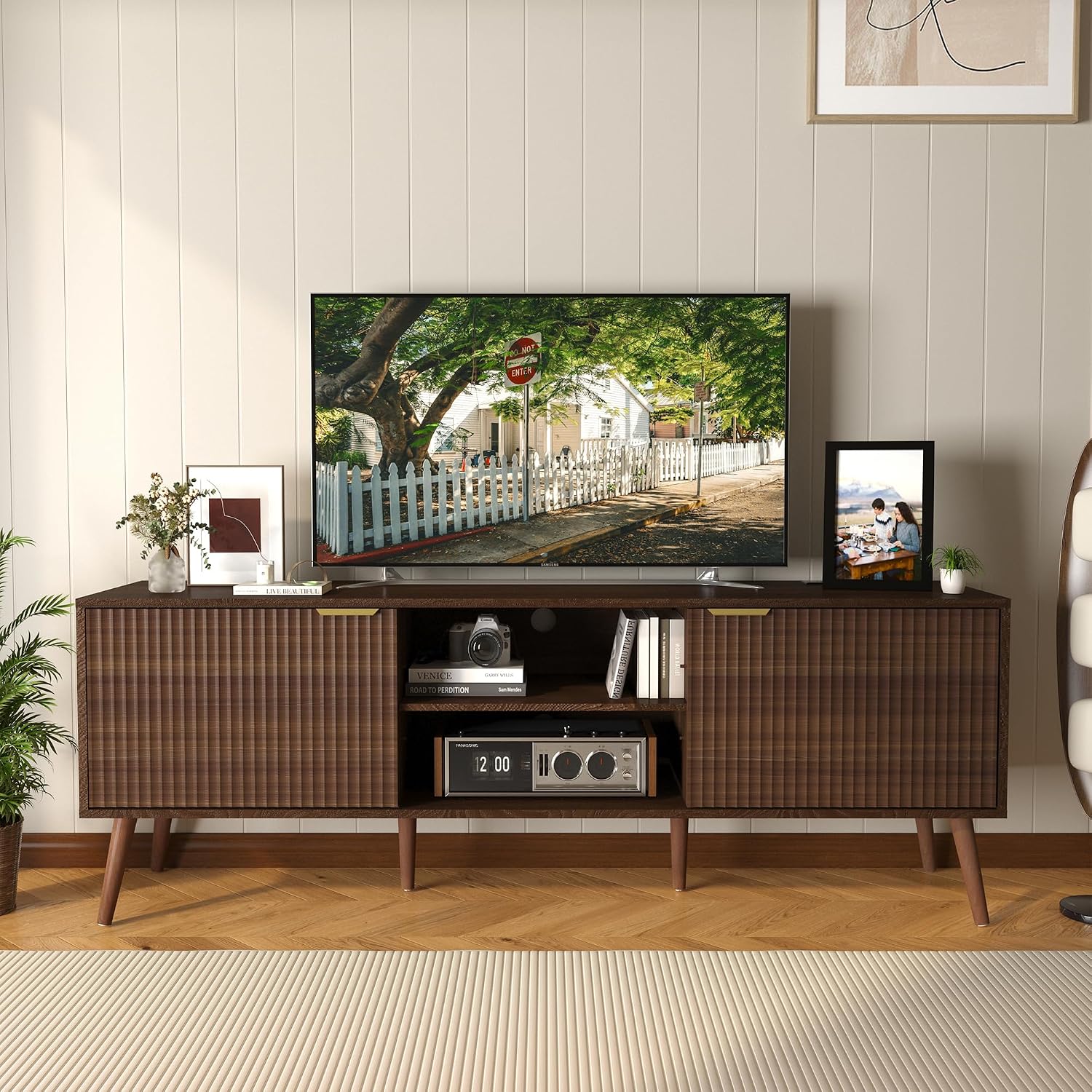 TV Stand for Living Room to 55/60/65/70 Inches, Mid Century Modern TV Consoles with Power Outlet, Entertainment Center with Door Cabinets and Open Shelves for Living Room, Bedroom, Walnut