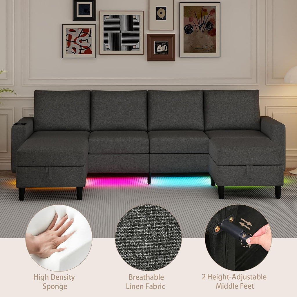 Sectional Couches for Living Room, 109' U Shaped Cloud Couch with Chaise Lounge/Storage Ottoman, 4 Seat Linen Sectional Sofa with Smart Module-Wireless Charging/USB/Type-C/RGB Lights (Dark Grey)