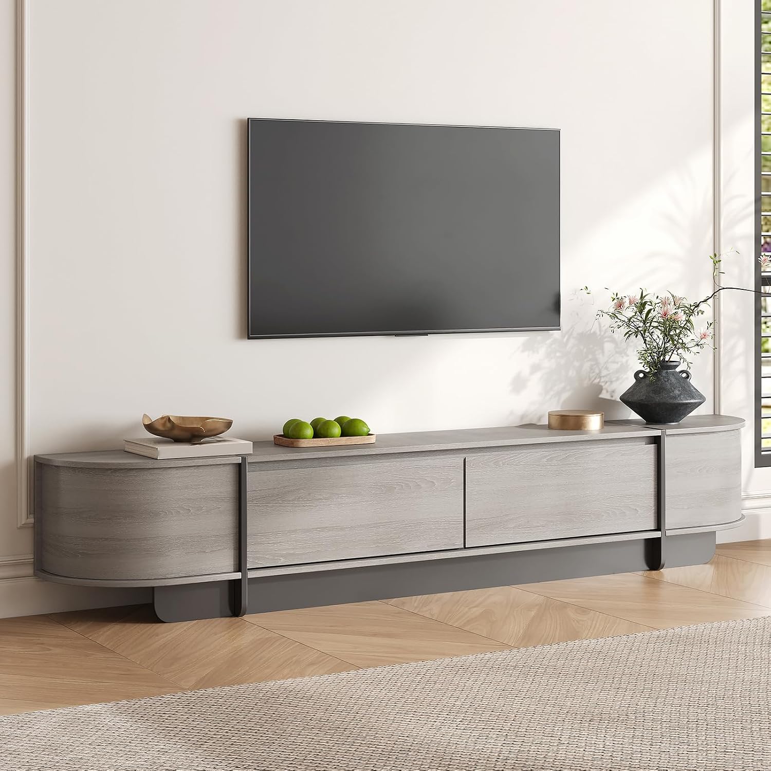 Coffee Table and TV Stand Set of 2,76.4'' Modern TV Console，Entertainment Center with 4 Drawers,Modern Oval Coffee Table with Storage, Wood Center Tables for Living Room, Bedroom, Home Office, Grey
