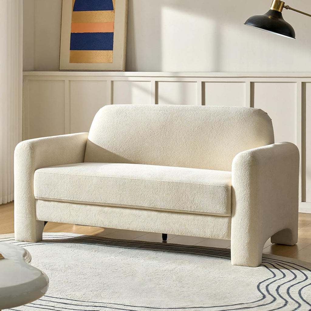 HULALA HOME 60' Modern Curved Loveseat Sofa, Comfy Chenille Couch Small Love Seat with Wrapped Armrests, 2 Seater Sofa for Living Room, Easy Assembly, Ivory