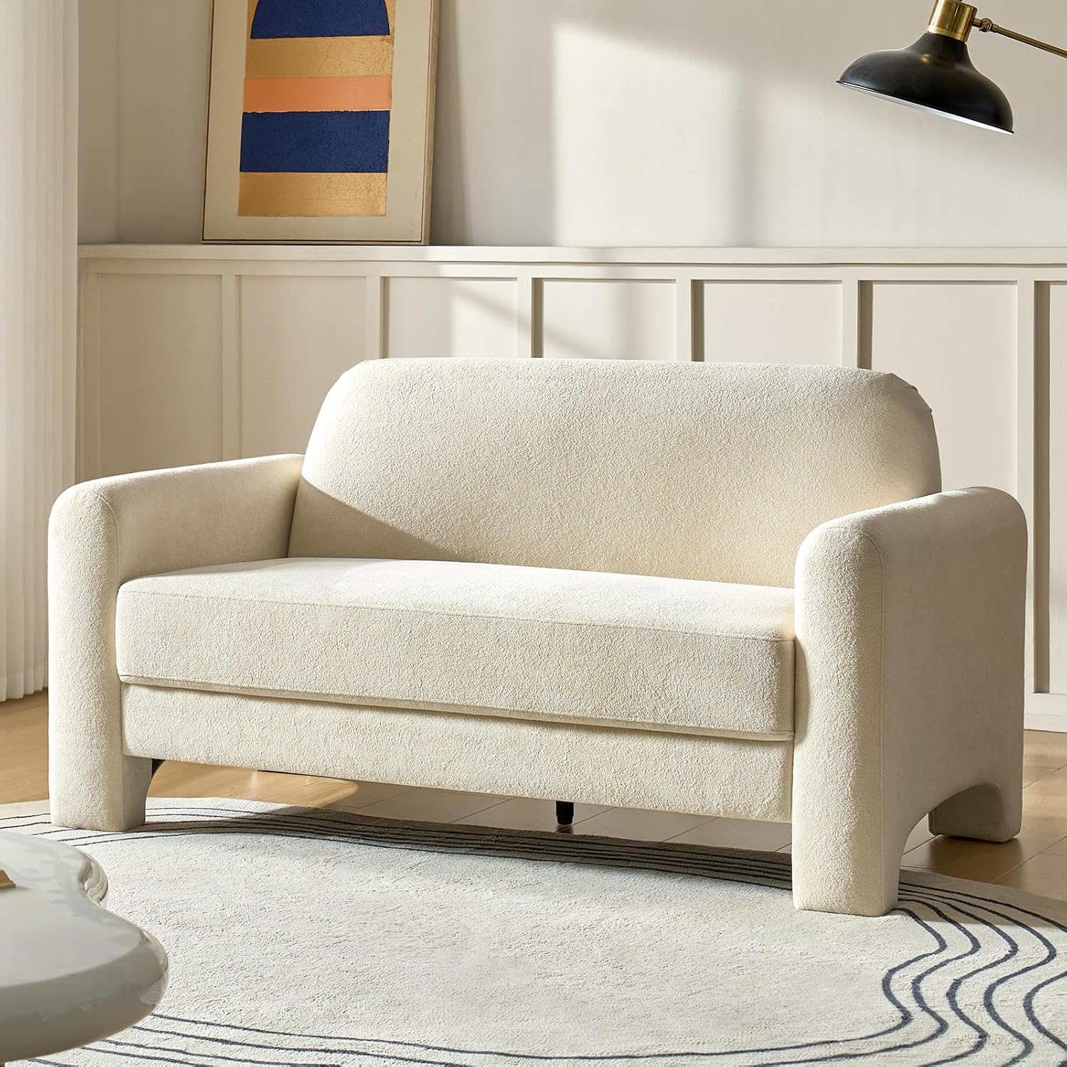HULALA HOME 60' Modern Curved Loveseat Sofa, Comfy Chenille Couch Small Love Seat with Wrapped Armrests, 2 Seater Sofa for Living Room, Easy Assembly, Ivory