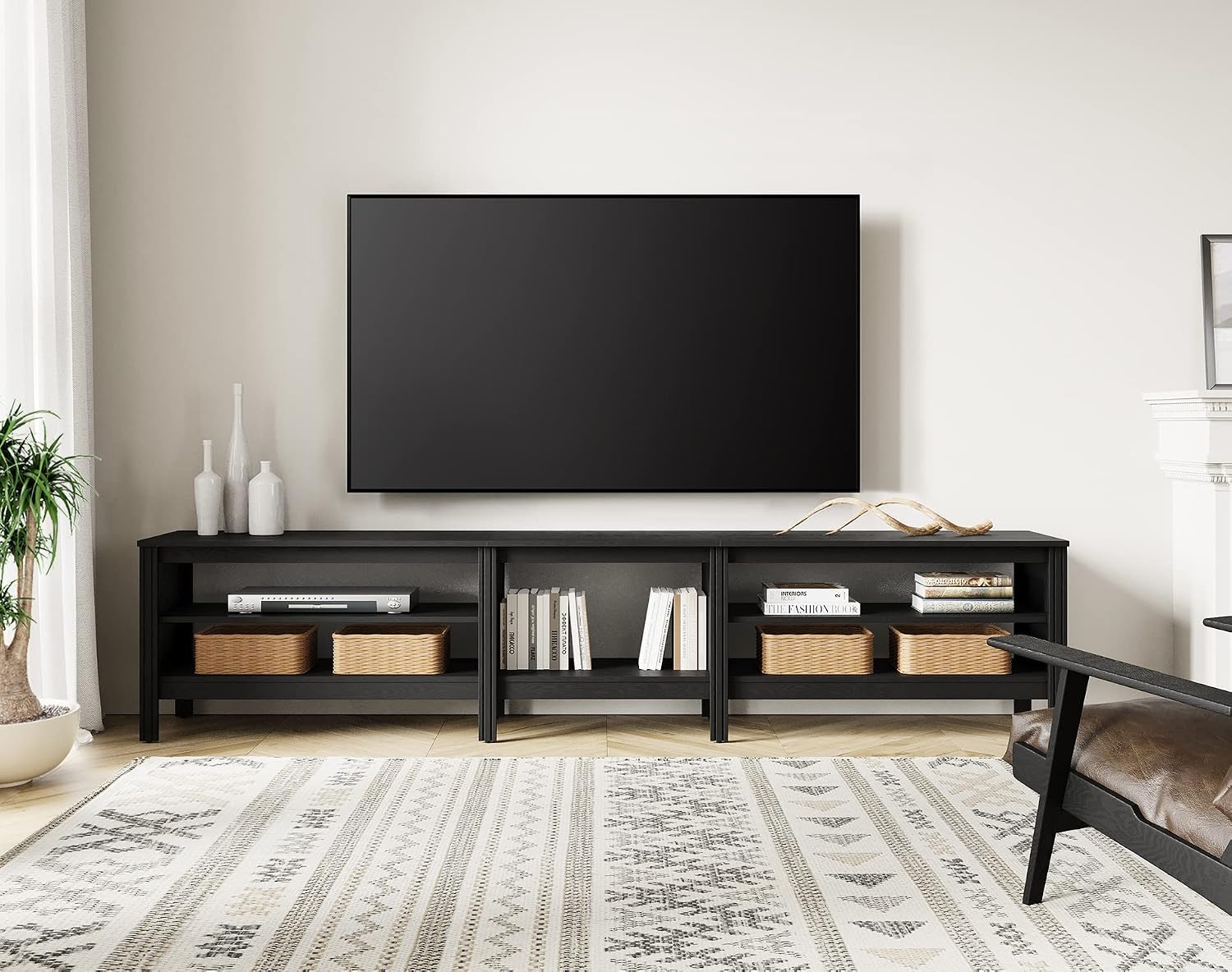WAMPAT Farmhouse TV Stand for 85 Inch TV, Wood Entertainment Center for 80 90 100 inch TV Console Media Table with 5 Cubby Storage for Living Room Bedroom, Black