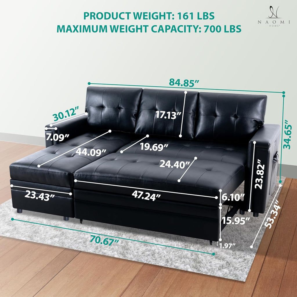 Naomi Home L-Shaped Sectional Sleeper Sofa with USB Ports - Convertible Pull-Out Bed, Ample Storage, Timeless Design, Durable Construction Black/Air Leather