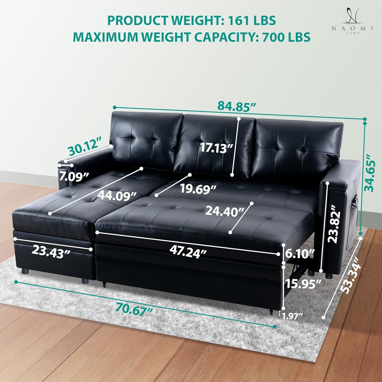 Naomi Home L-Shaped Sectional Sleeper Sofa with USB Ports - Convertible Pull-Out Bed, Ample Storage, Timeless Design, Durable Construction Black/Air Leather