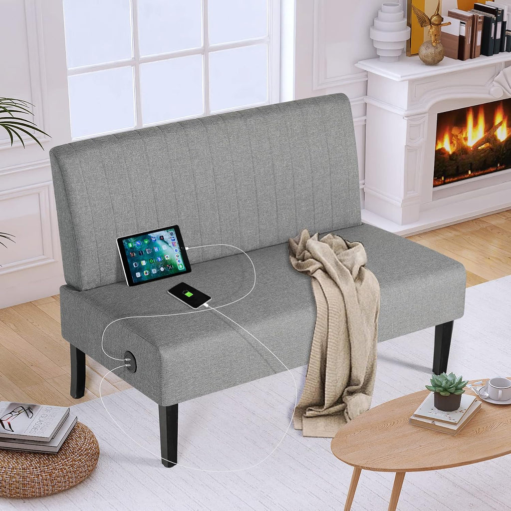 STHOUYN Mini Small Comfy Couch Armless Loveseat Sofa for Bedroom with USB Port, Velvet Couches for Small Spaces Living Room, Apartment Office Dorm (Grey)