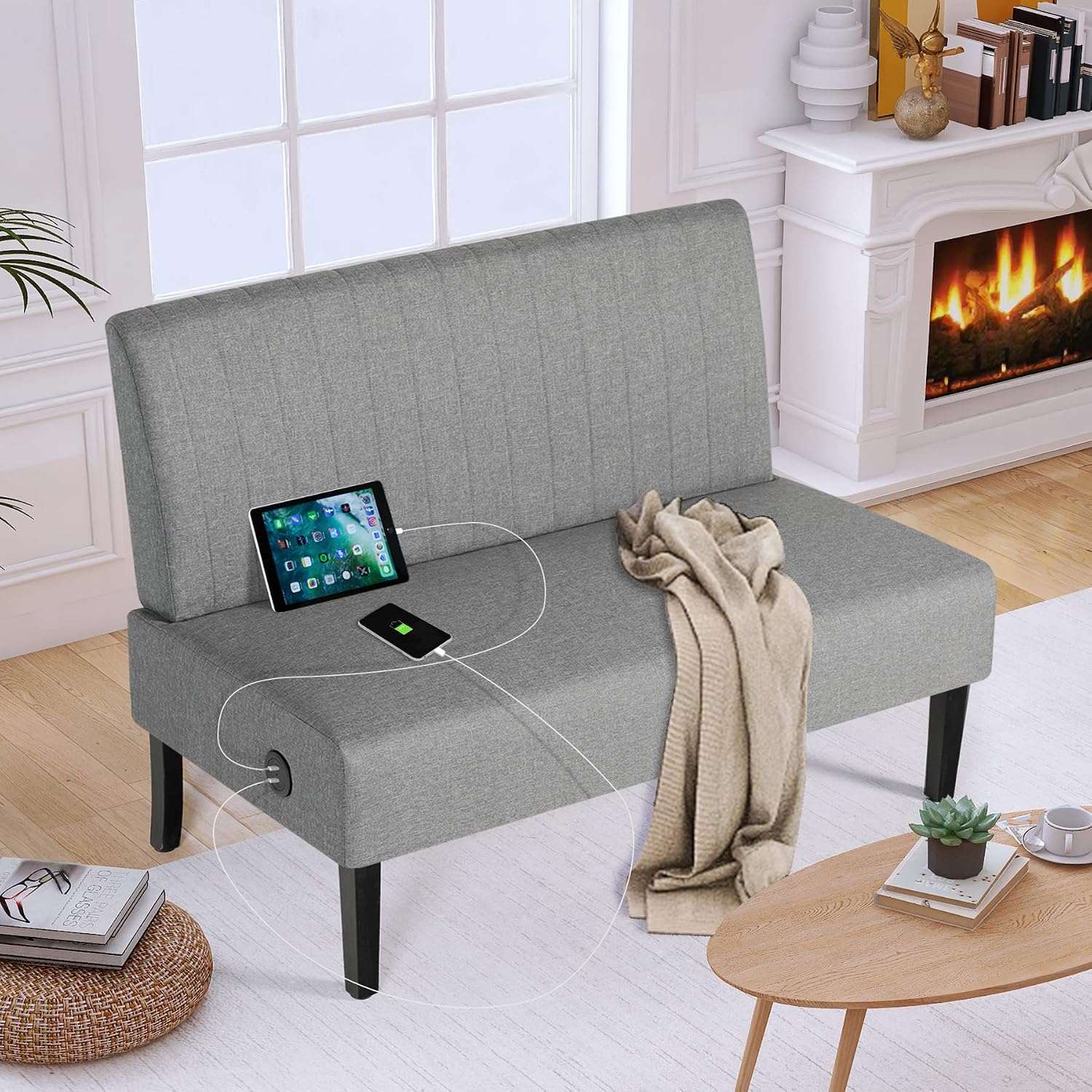 STHOUYN Mini Small Comfy Couch Armless Loveseat Sofa for Bedroom with USB Port, Velvet Couches for Small Spaces Living Room, Apartment Office Dorm (Grey)