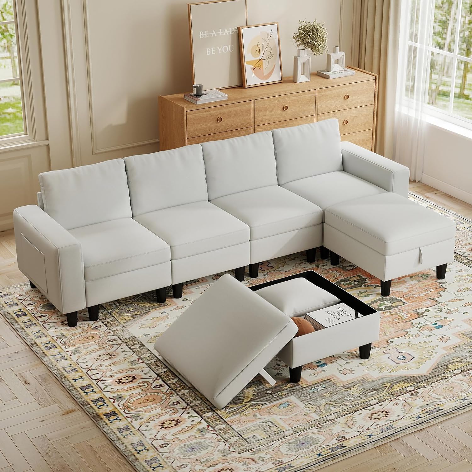 Modular Sectional Couches for Living Room, 110' U Shaped Sectional Sofa with Adjustable Backrest, 6 Seat Linen Cloud Couch Sectionals with Storage Ottoman for Apartment (White)