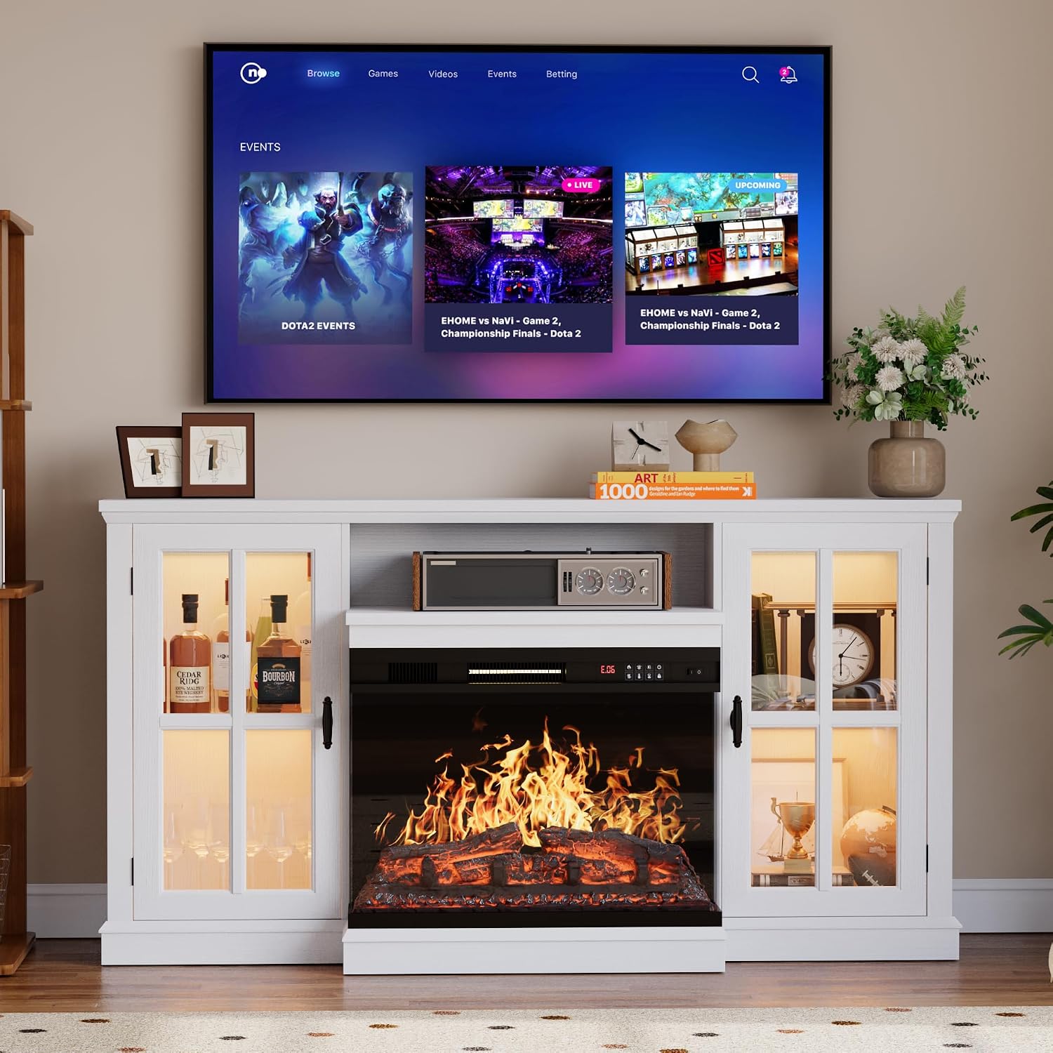 YESHOMY Glass Fireplace TV Stand for Televisions up to 65', Media Entertainment Center Console Table with Led Lights, White Wash
