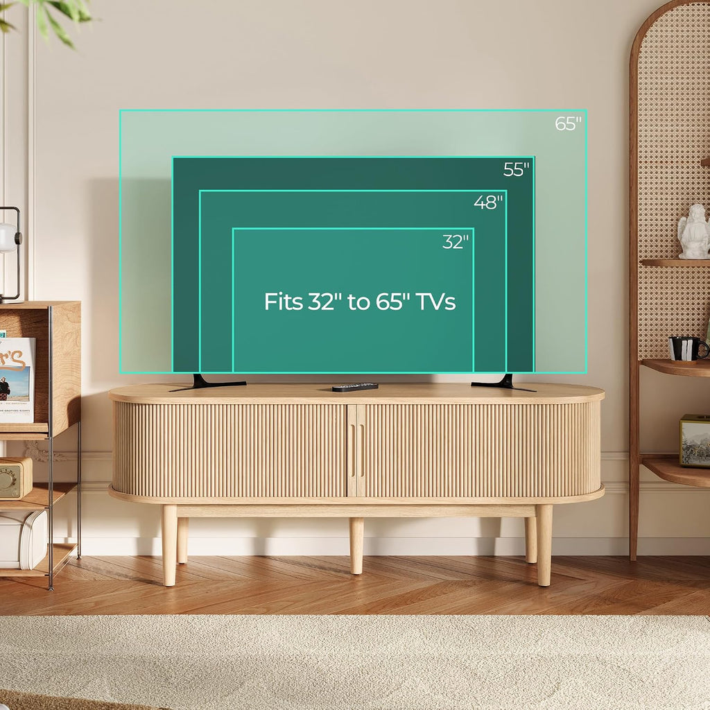 LINSY Home TV Stand for 65' TV, Mid-Century Modern 58' Entertainment Center with Sliding Tambour Door and Storage Cabinet, Cruved TV Media Console Table for Living Room, Bedroom, Oak