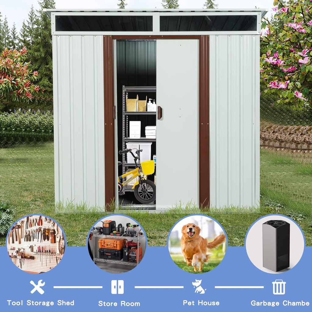 YOPTO 6×5 FT Outdoor Galvanized Metal Storage Shed with Window and Integrated Punched Vents,Large Garden Outdoor Shed W/Sliding Doors and Padlock,Rust and Waterproof,Tool Sheds for Backyard,Lawn,White