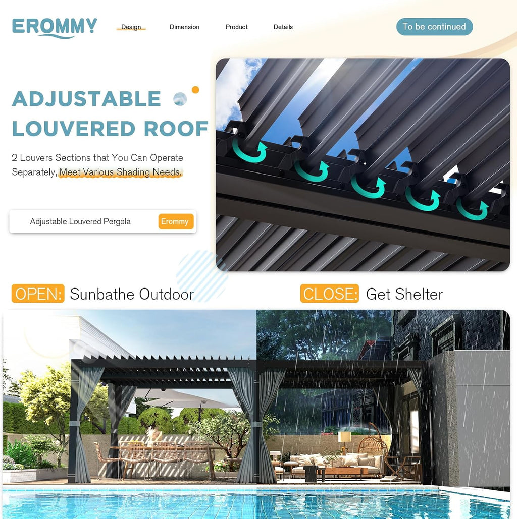 EROMMY 12x20FT Louvered Pergola Outdoor Sun Shade Shelter with Aluminum Frame and Adjustable Metal Rainproof Roof for Garden & Patio, Curtains and Netting Included, Gray-Black