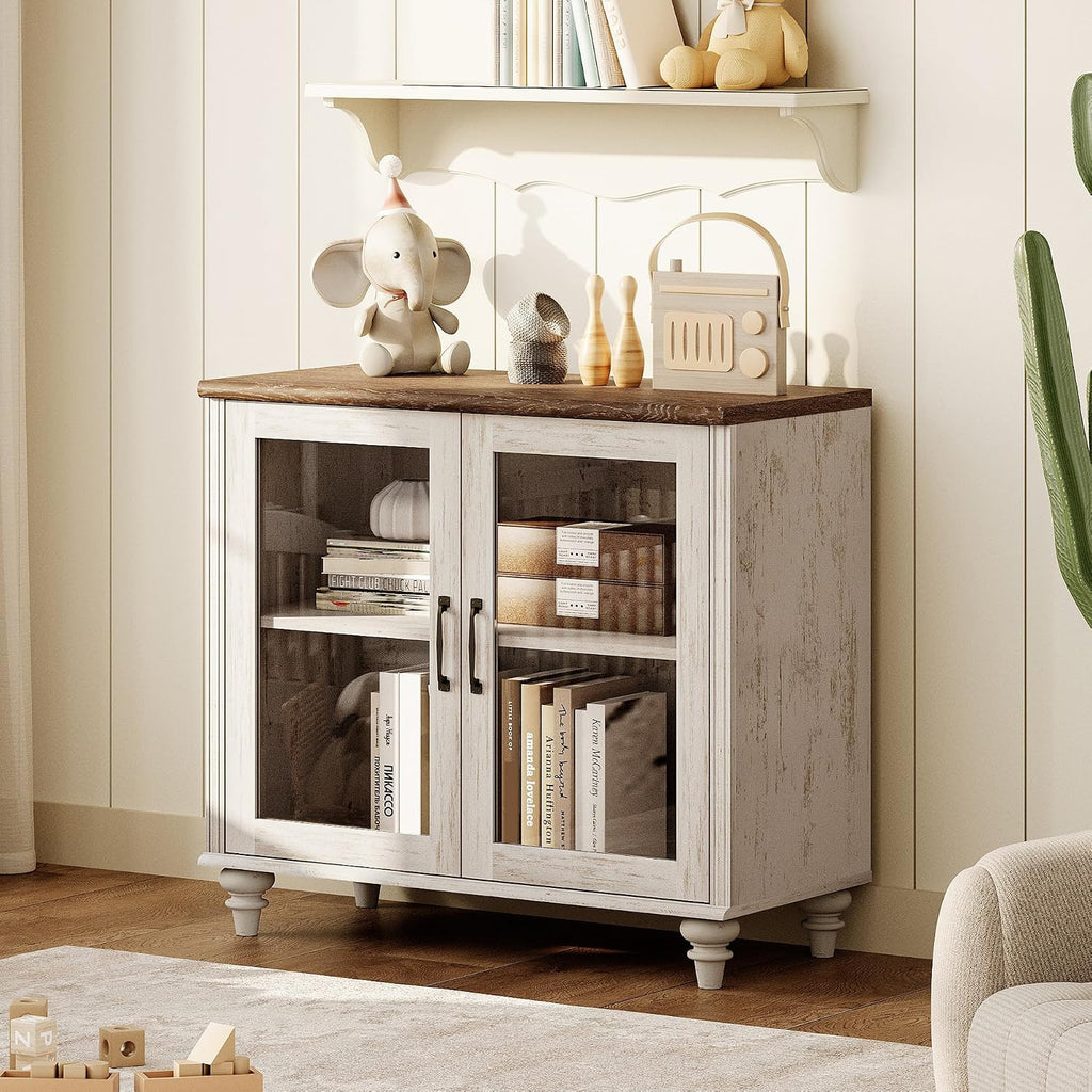 WAMPAT Farmhouse TV Stand for TVs Up to 43 inch, Glass Wood Universal TV Stand with a Large Storage Cabinets, Entertainment Center, TV Console Table for Living Room, Bedroom, Rustic White