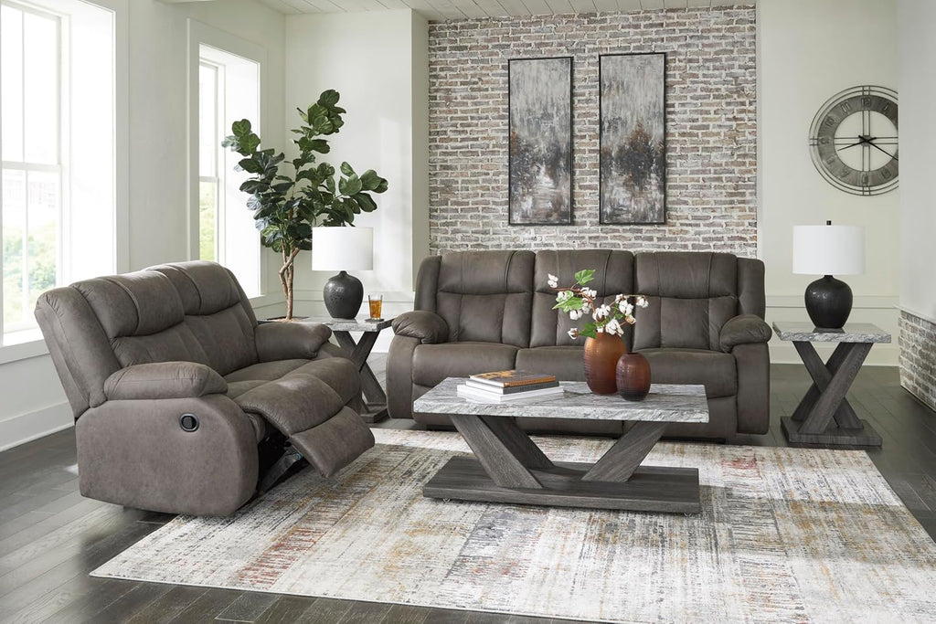 Signature Design by Ashley First Base Contemporary Faux Leather Manual Reclining Loveseat, Gray