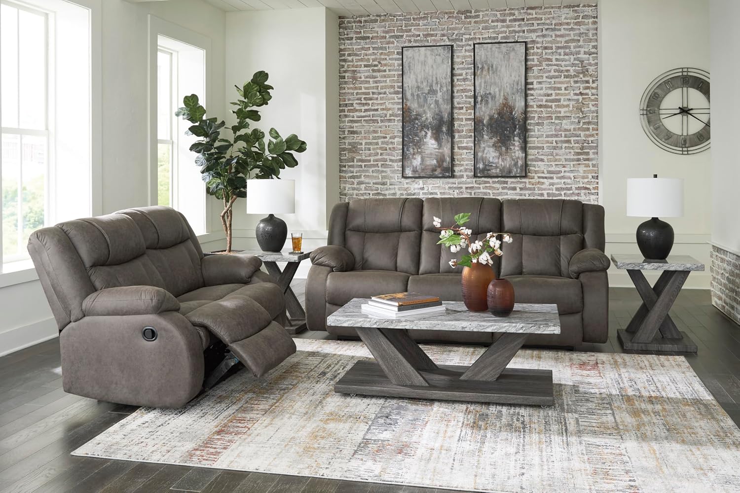 Signature Design by Ashley First Base Contemporary Faux Leather Manual Reclining Loveseat, Gray