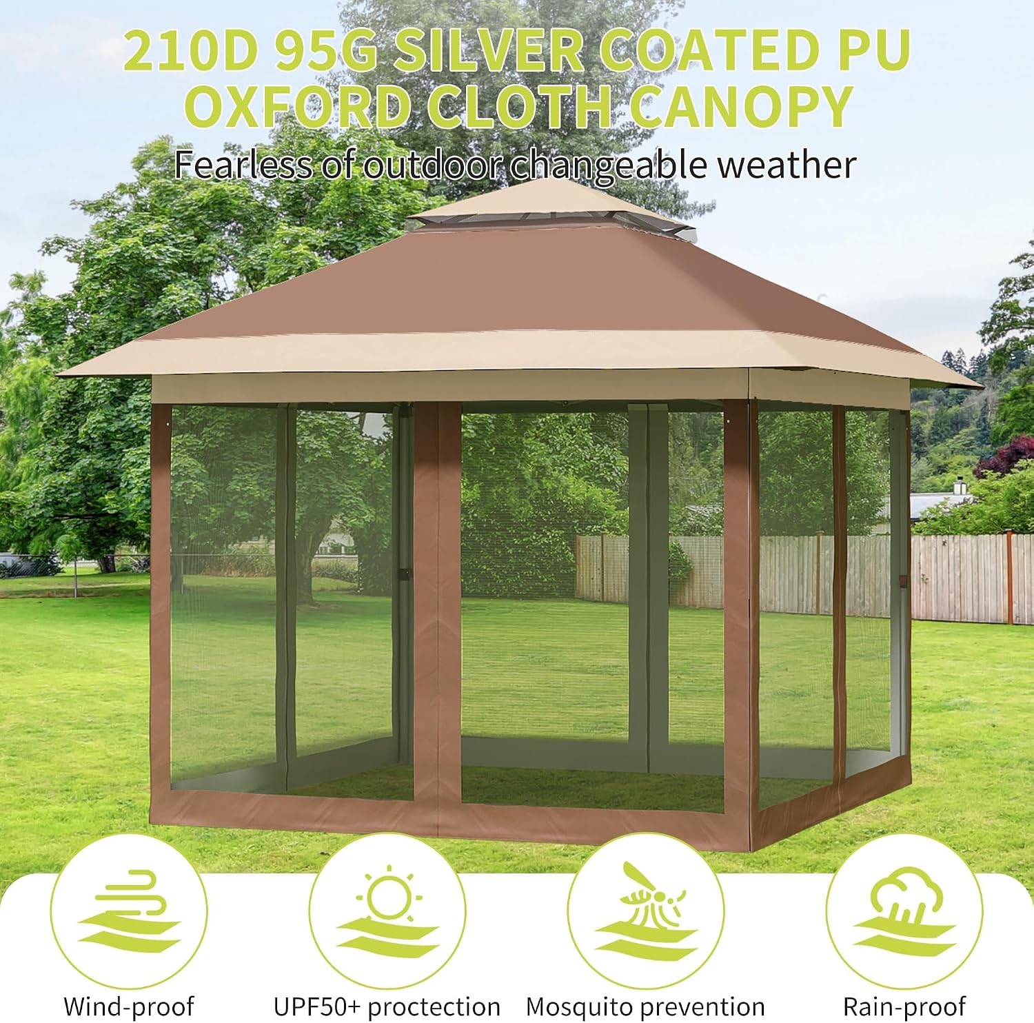 12x12 Pop Up Canopy - Outdoor Gazebo Tent with Mosquito Netting & Curtains, Adjustable Height, Includes Wheeled Carry Bag for Patio/Garden/Backyard (Deep Brown & Khaki)