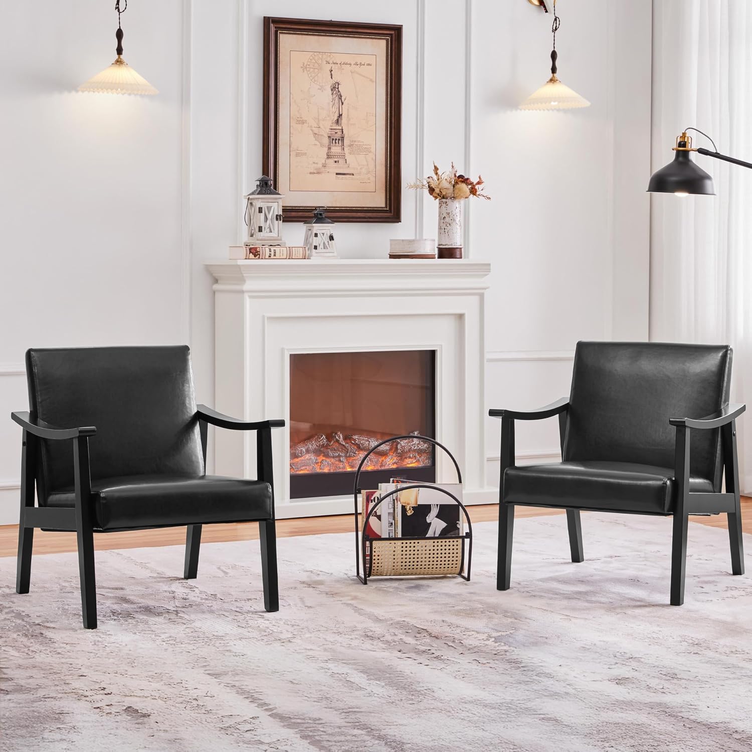 Yaheetech PU Leather Black Chairs, Mid-Century Modern Armchair with Solid Wood Legs, Reading Accent Chair with High Back for Living Room Bedroom Waiting Room, 2 pcs, Black