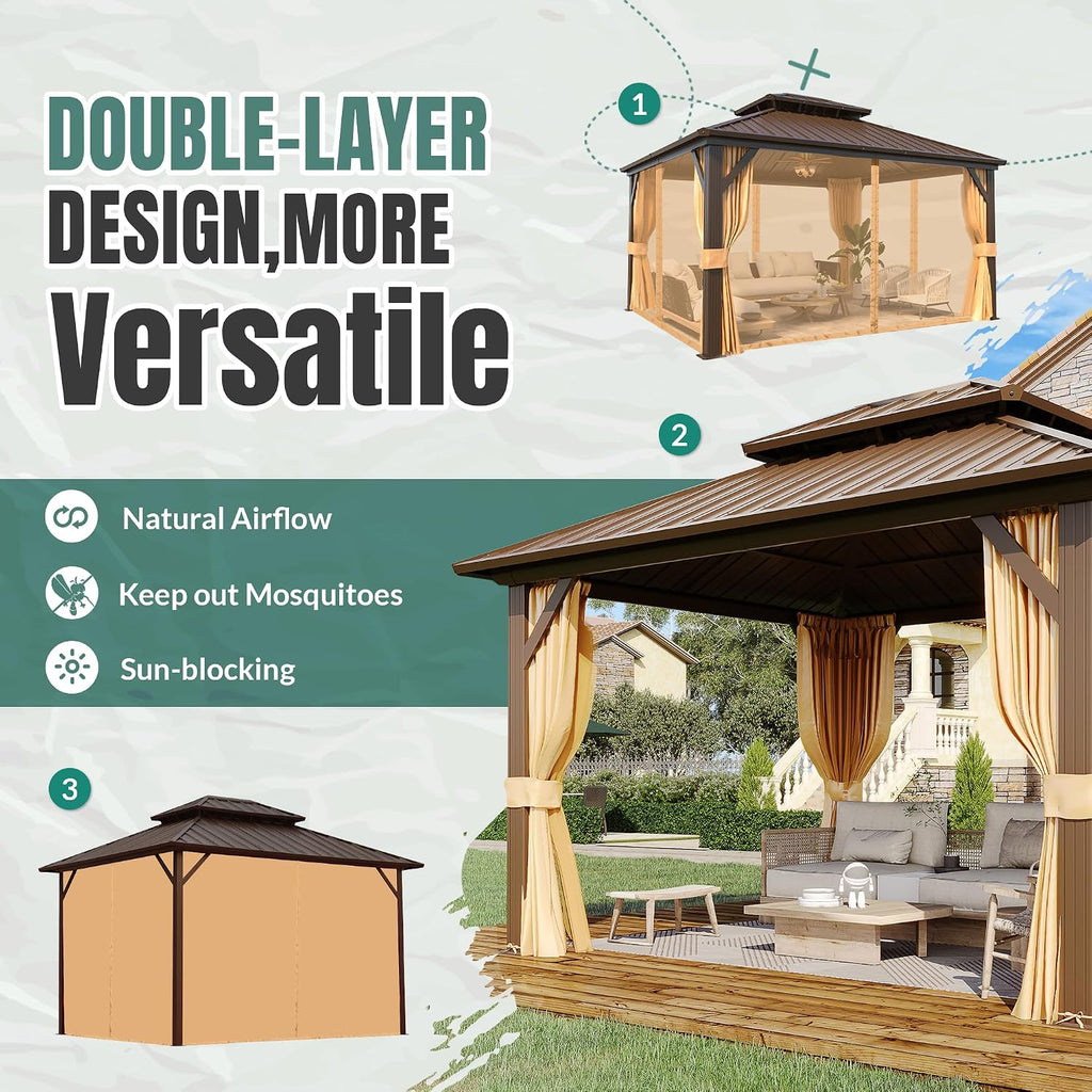 MELLCOM 10' x 12' Gazebo, Hardtop Double Roof Gazebo with Aluminum Frame, Galvanized Steel Outdoor Pavilion with Curtain and Netting for Patio, Garden, Lawn, Brown