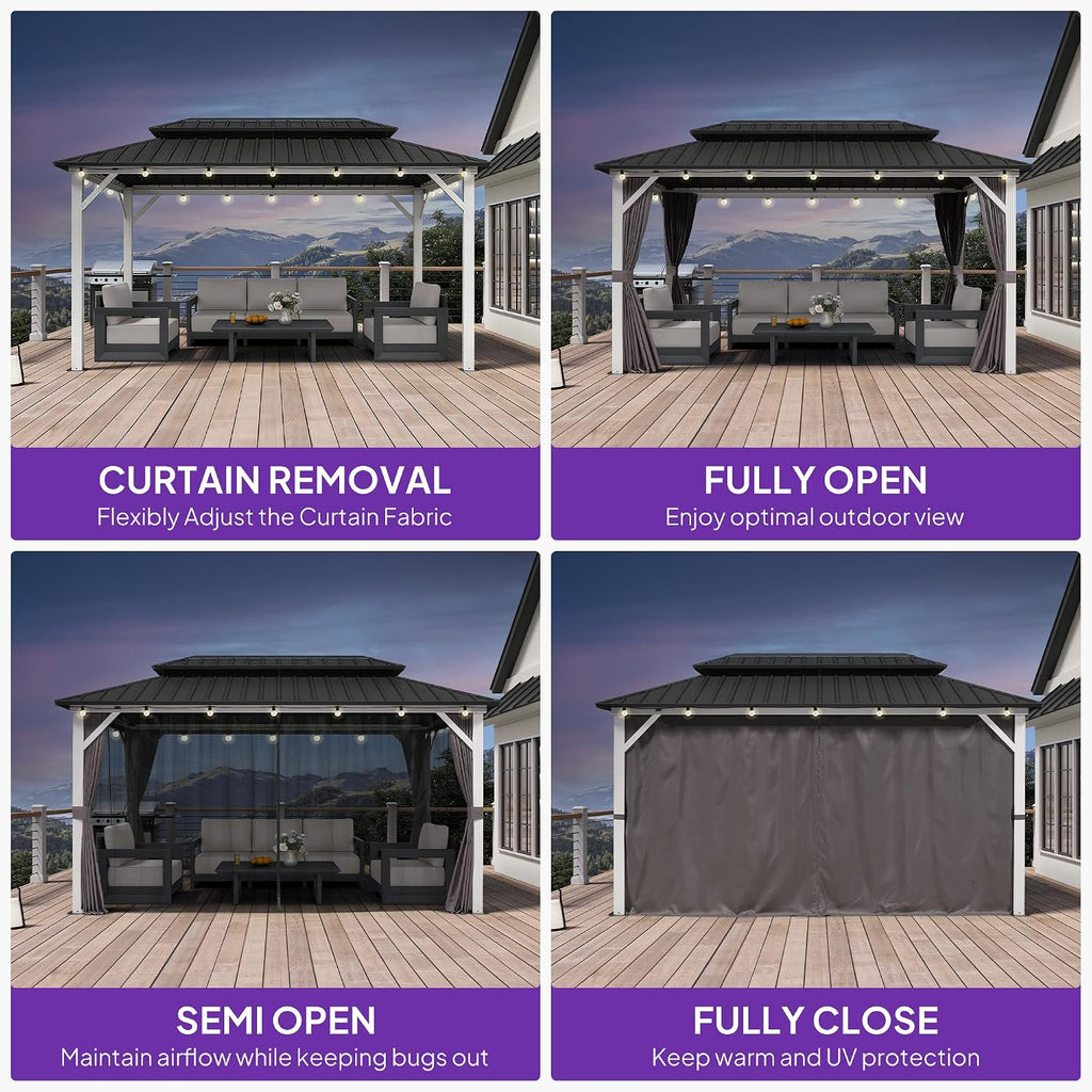 PURPLE LEAF 8' X 14' Outdoor Gazebo Galvanized Steel Double Roof White Aluminum Frame Hardtop Heavy Duty Gazebo with Curtain and Netting for Patio Garden and Backyard, Grey