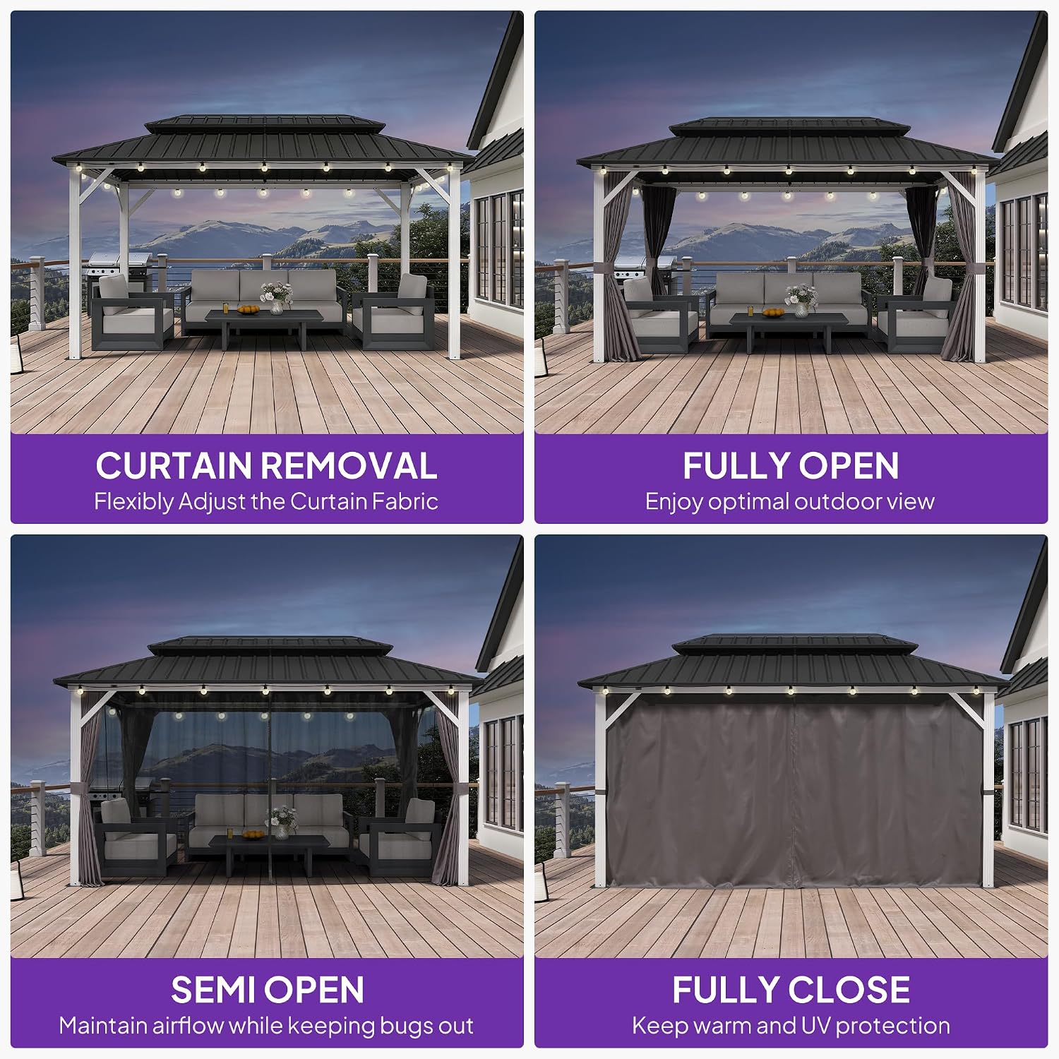 PURPLE LEAF 8' X 14' Outdoor Gazebo Galvanized Steel Double Roof White Aluminum Frame Hardtop Heavy Duty Gazebo with Curtain and Netting for Patio Garden and Backyard, Grey