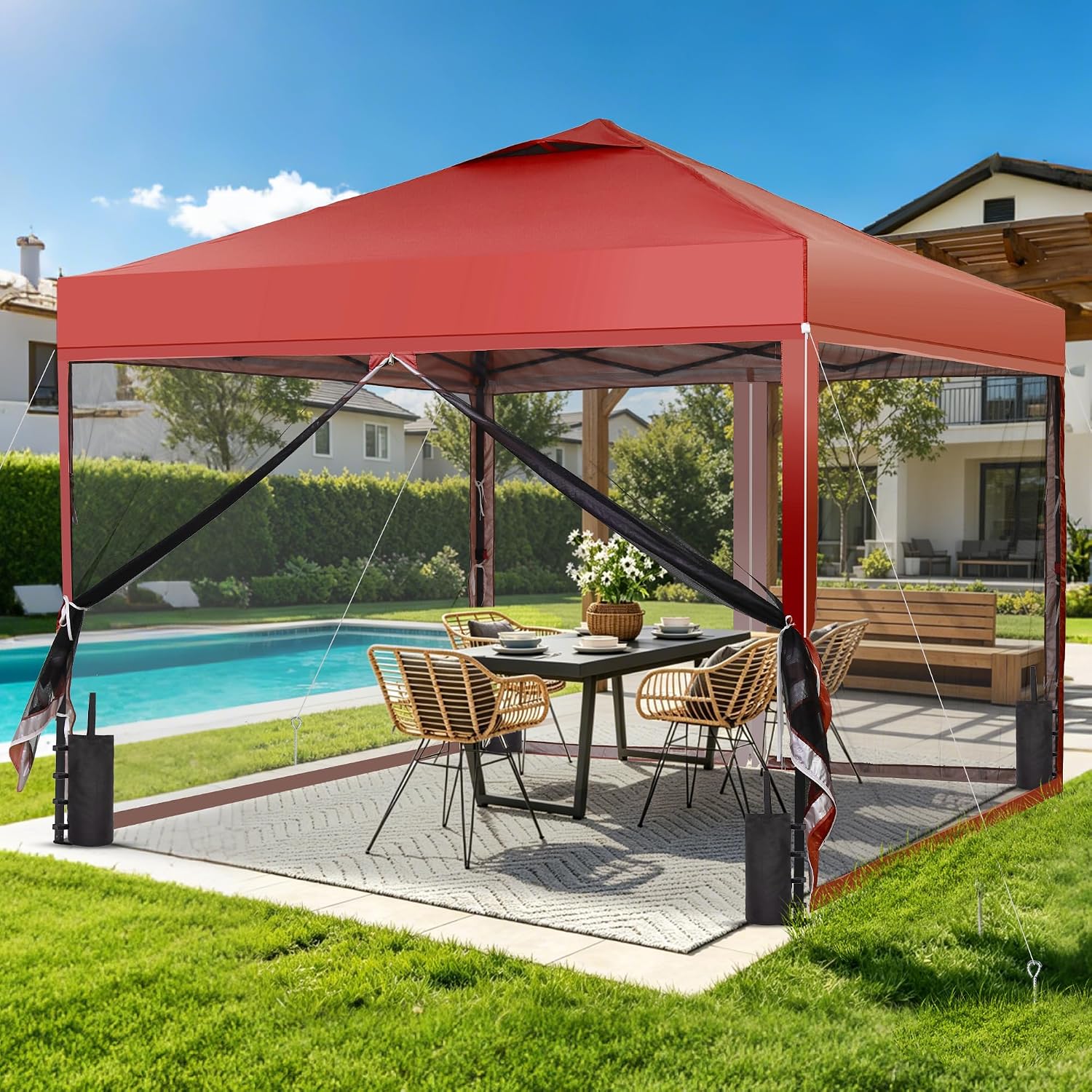 GDY 10x10 Pop up Canopy Tent with Mosquito Netting, Easy up Gazebo for Patio, Camping and Garden, Includes 4 Sandbags, Red