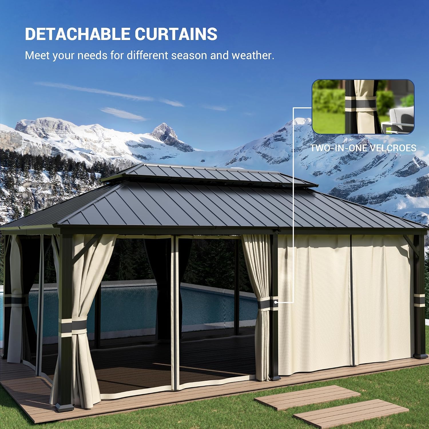 Amopatio 12' X 20' Hardtop Gazebo, Aluminum Gazebo with Double Galvanized Steel Roof, Curtains and Netting Included,Outdoor Metal Pergola for Patios, Garden, Parties, Lawns（Beige