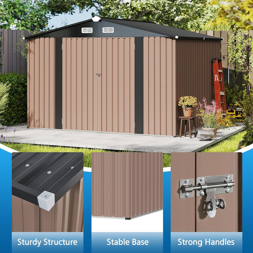 10x10 FT Outdoor Storage Shed with Lockable Door, Waterproof Metal Tool Shed for Bikes, Tools & Lawn Equipment – Gray