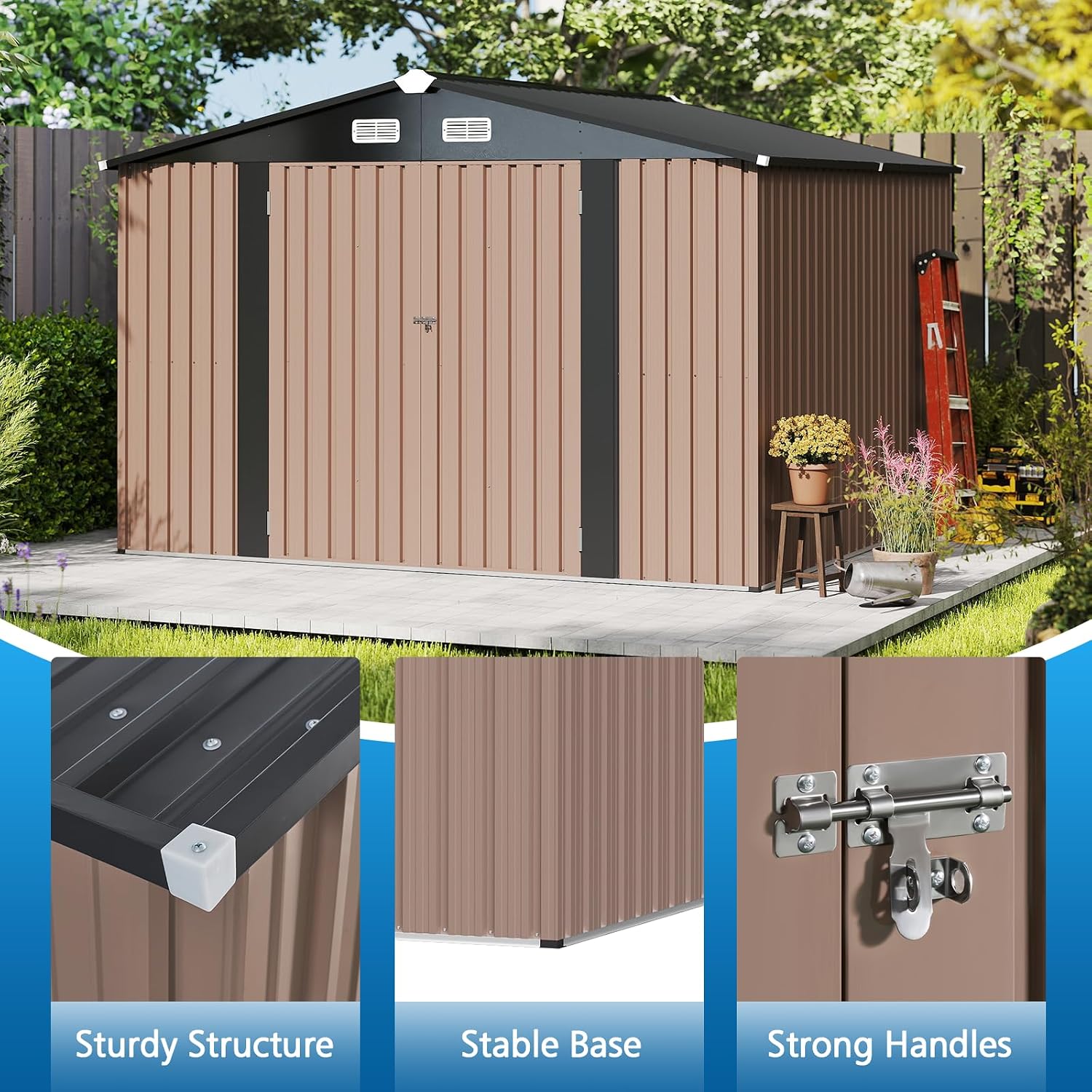 10x10 FT Outdoor Storage Shed with Lockable Door, Waterproof Metal Tool Shed for Bikes, Tools & Lawn Equipment – Gray