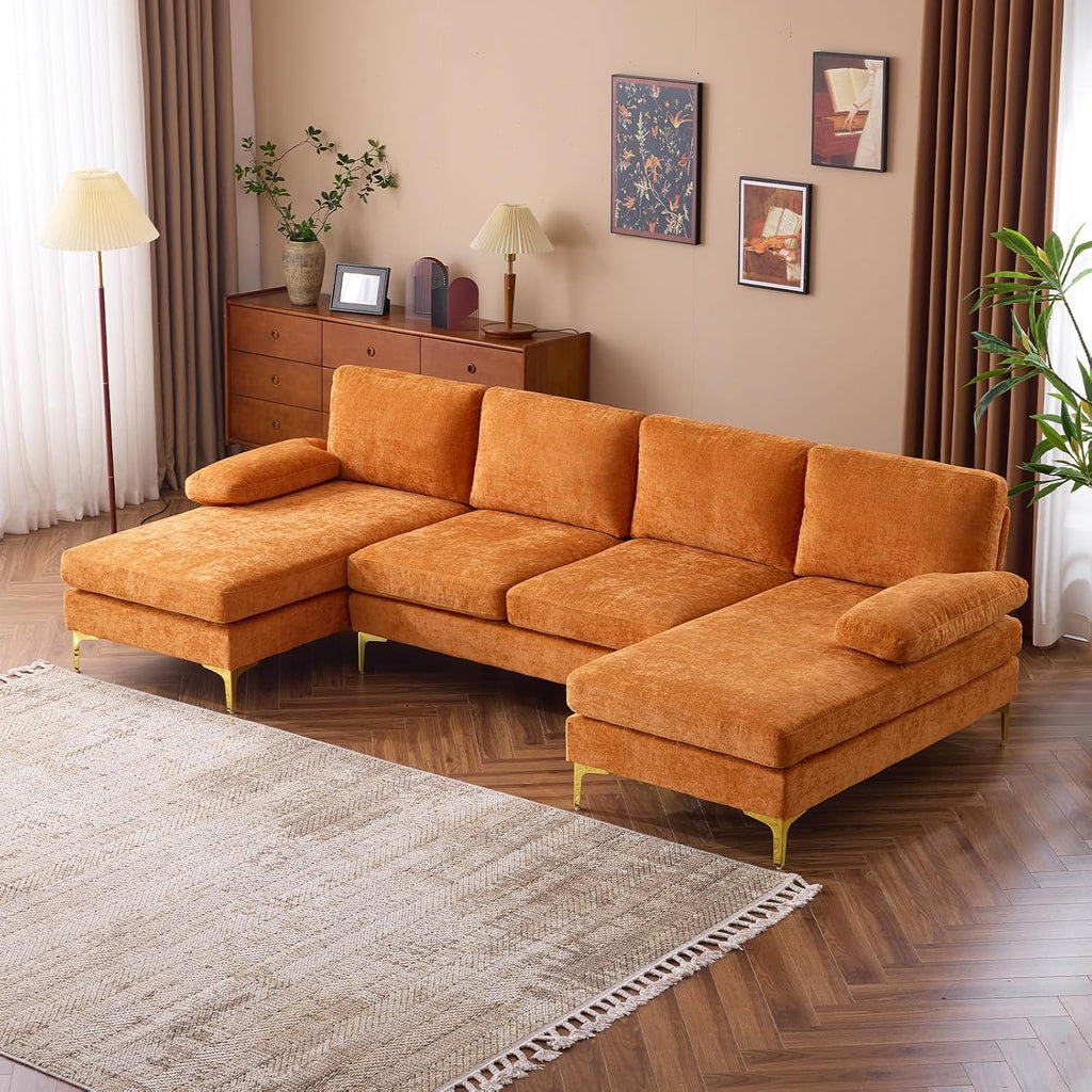 VINGLI 110' Sectional Couches for Living Room,U Shape Couch with Double Chaise, 4-Seat Sofa Set with Chenille Fabric for Home Furniture,Burnt Orange