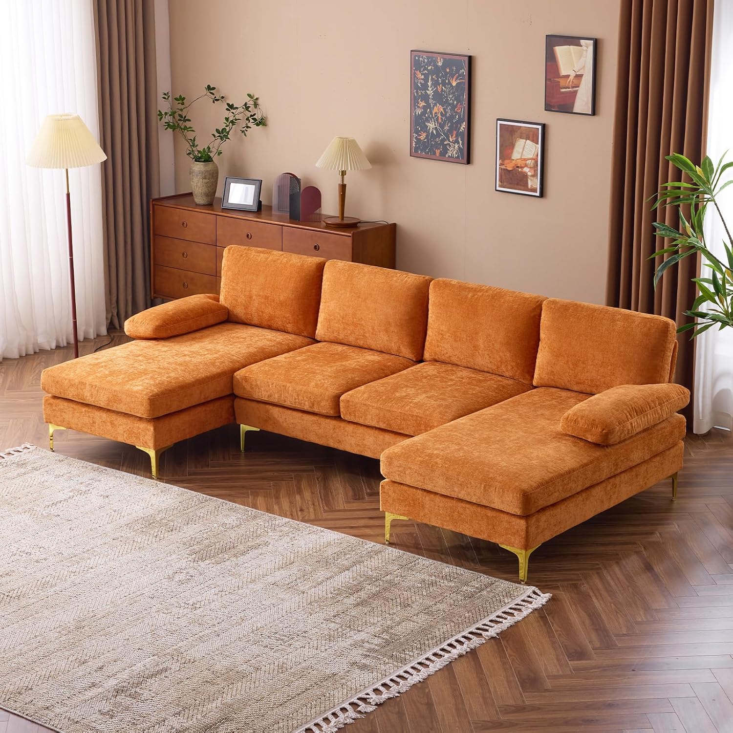 VINGLI 110' Sectional Couches for Living Room,U Shape Couch with Double Chaise, 4-Seat Sofa Set with Chenille Fabric for Home Furniture,Burnt Orange