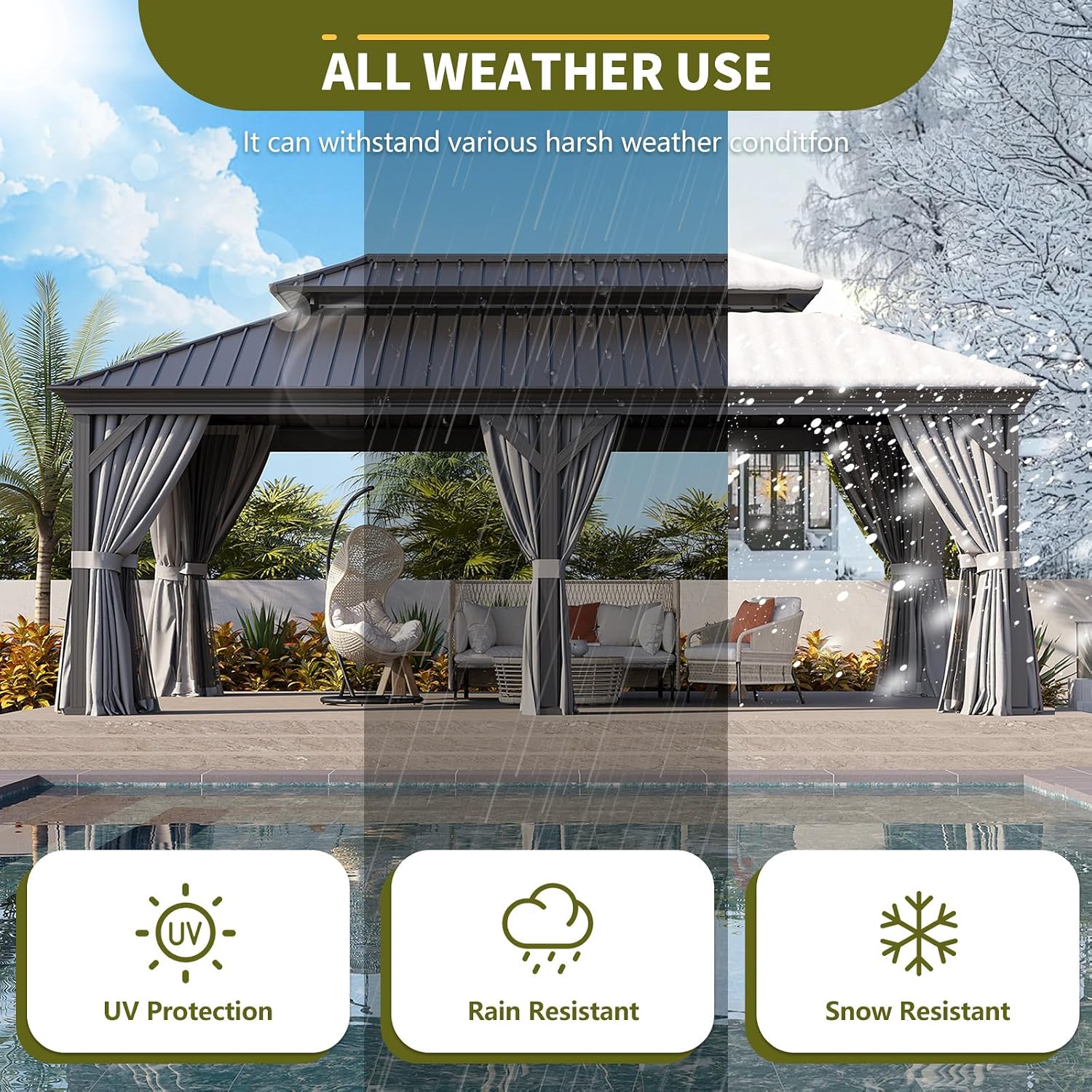 12'x20' Grey Double-top Rectangular Column Iron Sheet Pavilion, Suitable for Outdoor Courtyards and Gardens, Luxurious Iron-top Tent with Enclosure Fabric,