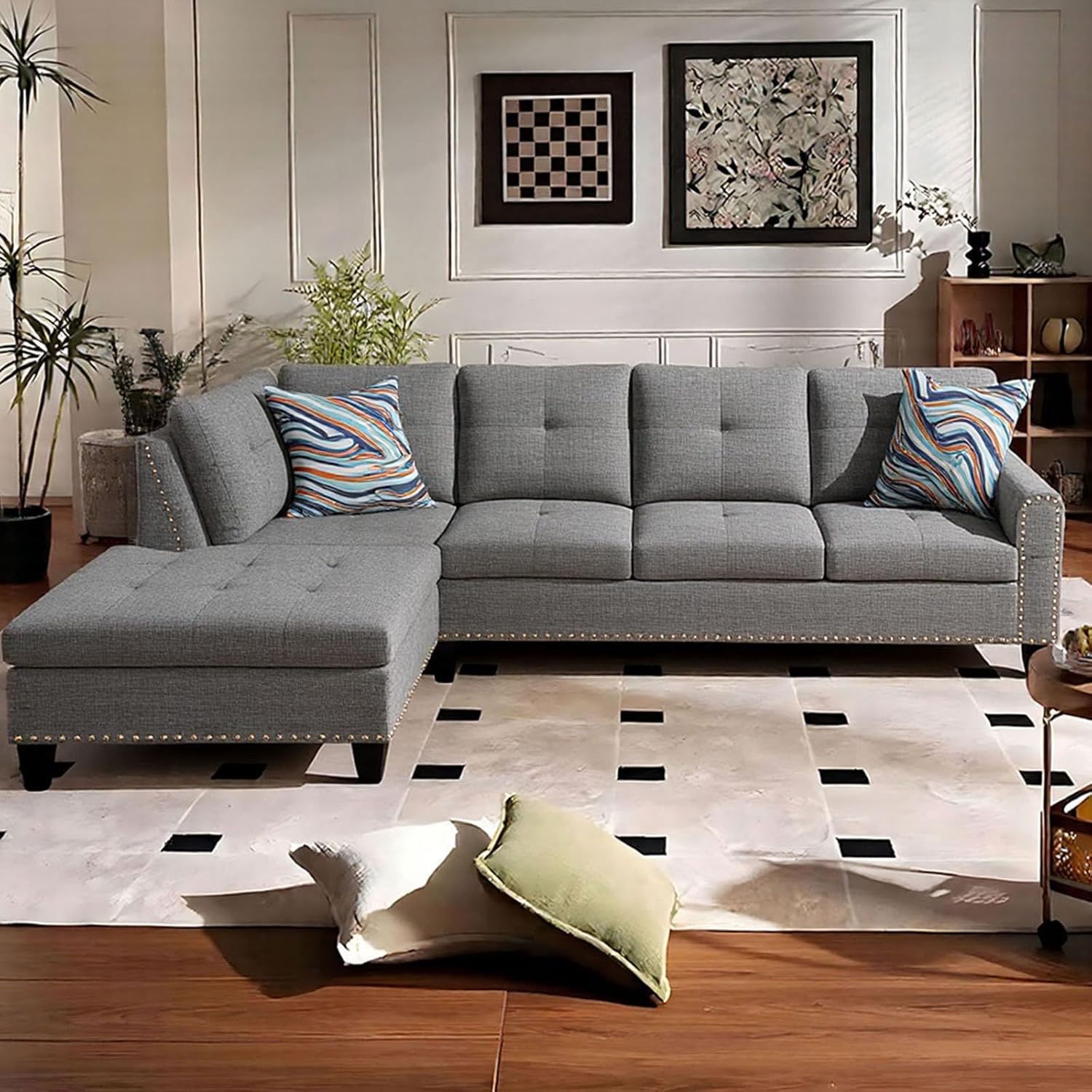 Modular L-Shaped Sectional Sofa, Modern Couches with Movable Chaise, Convertible 4-Seater Couch for Bedroom, Apartment & Office, Brown Grey