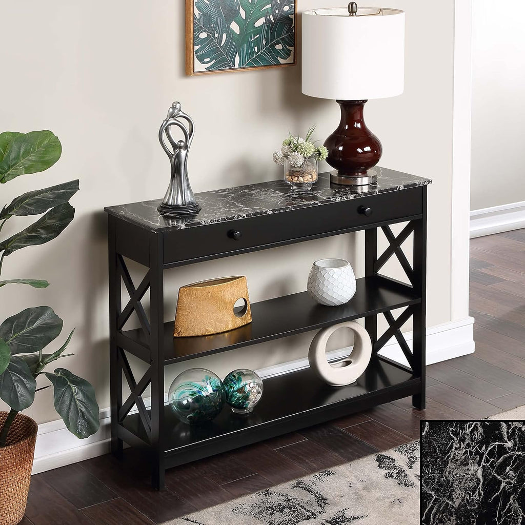 Convenience Concepts Oxford 1 Drawer Console Table with Shelves, Black Faux Marble/Black