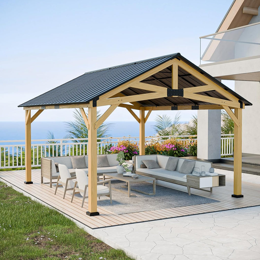 13x15 Hardtop Gazebo, Galvanized Steel Gable Roof Exposed Beam A-Frame Outdoor Pavilion with Cedar Wood Frame, Patio Gazebo for Deck, Garden, Lawn, Natural Wood/Black
