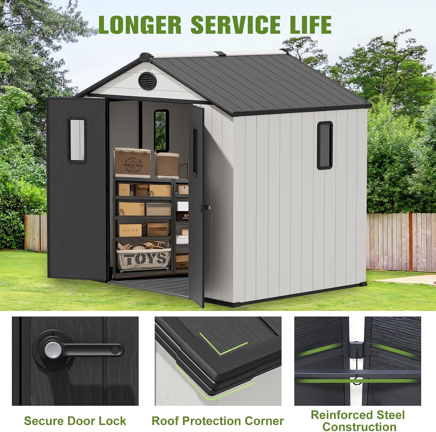 COOS BAY 8x6 Outdoor Storage Shed with Floor, Lockable Doors, All-Weather Resin Garden Tool Shed, White/Gray