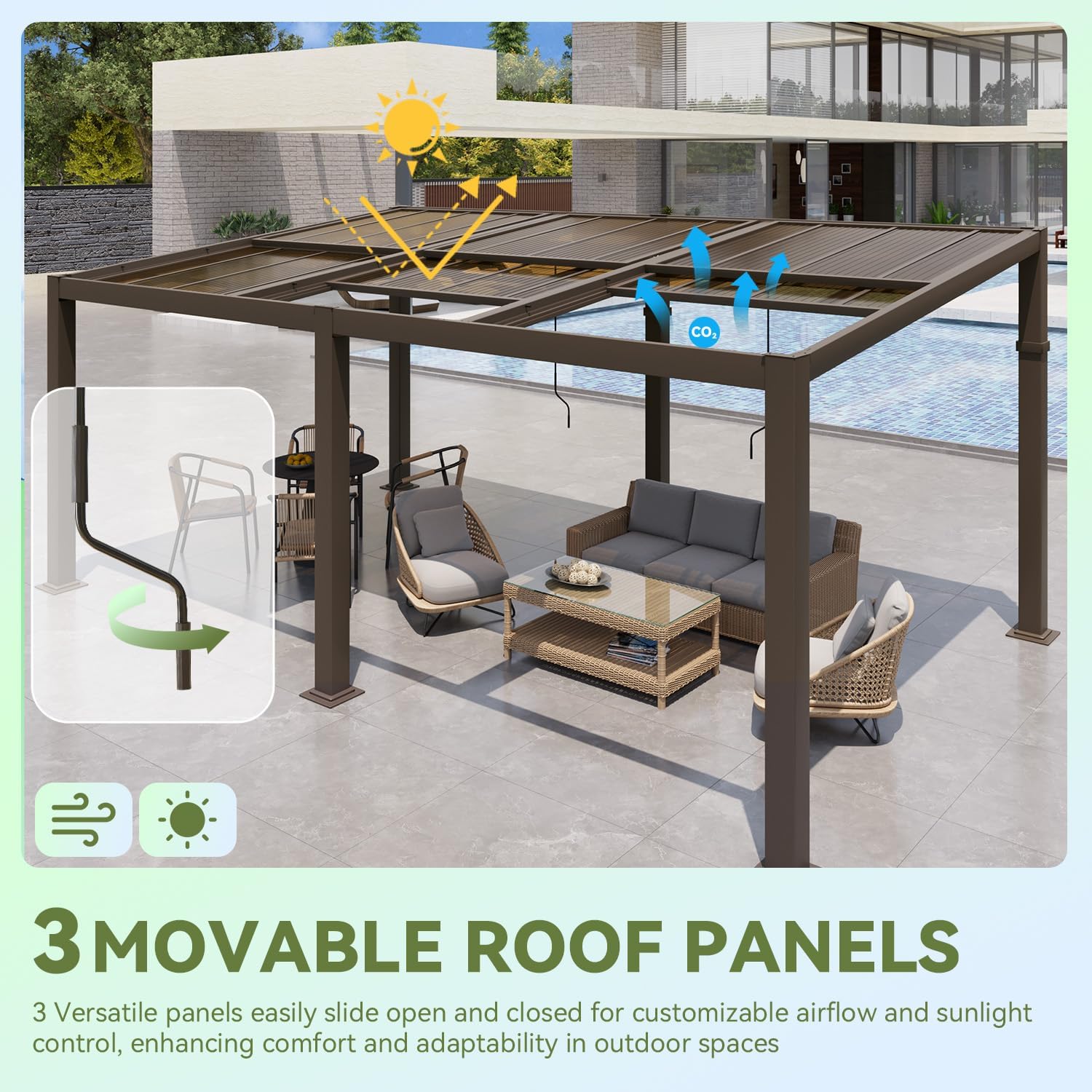 MELLCOM 12x20 Gazebo with Adjustable Polycarbonate Roofs, All Aluminum Frame Permanent Pergola for Patio, Outdoor Freestanding Shelter, Dark Brown