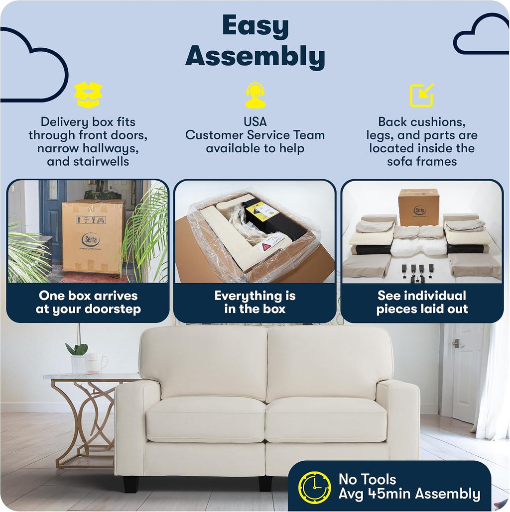 Serta Palisades 78' Track Arm Sofa, Easy Care Polyester, Soft Pillow Back, Pocket Coil Seat Cushions, Removable Covers, Loveseat or Couch for Small Spaces, Living Rooms or Bedrooms, Buckwheat Beige