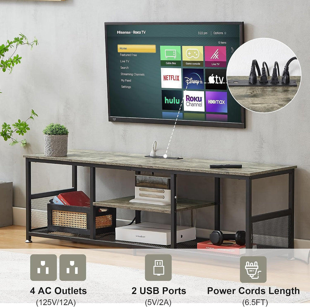 VECELO TV Stand with Power Outlets for Televisions up to 80Inch, 70' Media Entertainment Center with Charging Station 3-Tier Open Storage Shelves with Metal Frame for Living Room/Bedroom，Grey