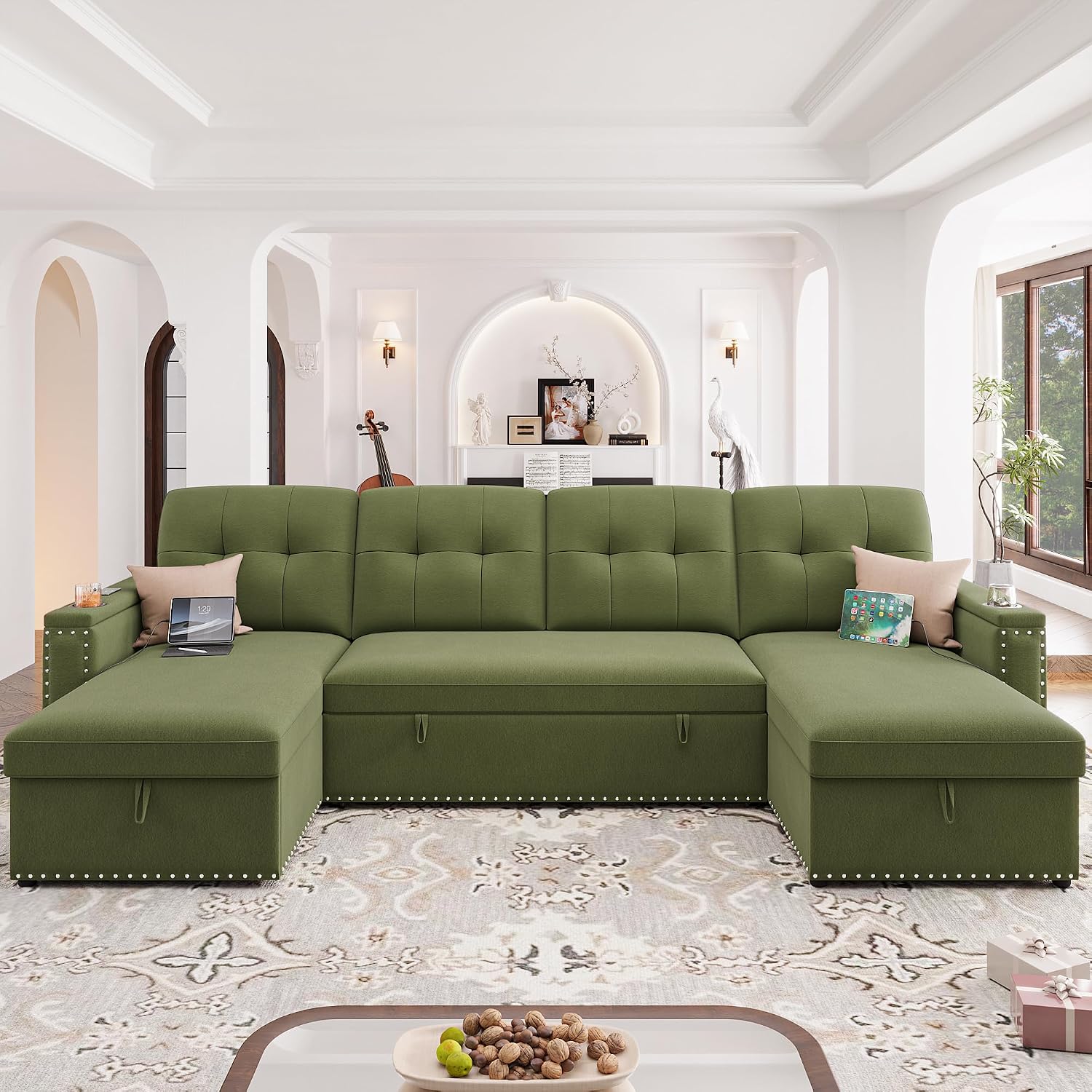 HIFIT 106' Sectional Couches for Living Room- Pull Out Sleeper Sofa Couch w/Storage Chaise,Storage Armrest,LED Light&USB Port&Cupholder,Modern Velvet U Shaped Home Sofa Living Room Furniture Set,Green