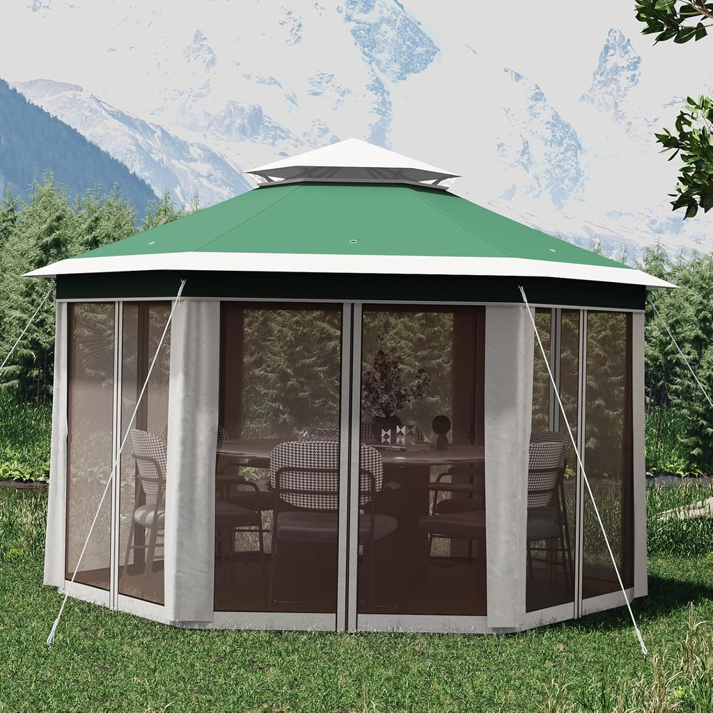 13' x 13' Pop Up Gazebo, Hexagonal Canopy Shelter with 6 Zippered Mesh Netting, Event Tent with Strong Steel Frame for Patio Backyard Garden Wedding Party, Green