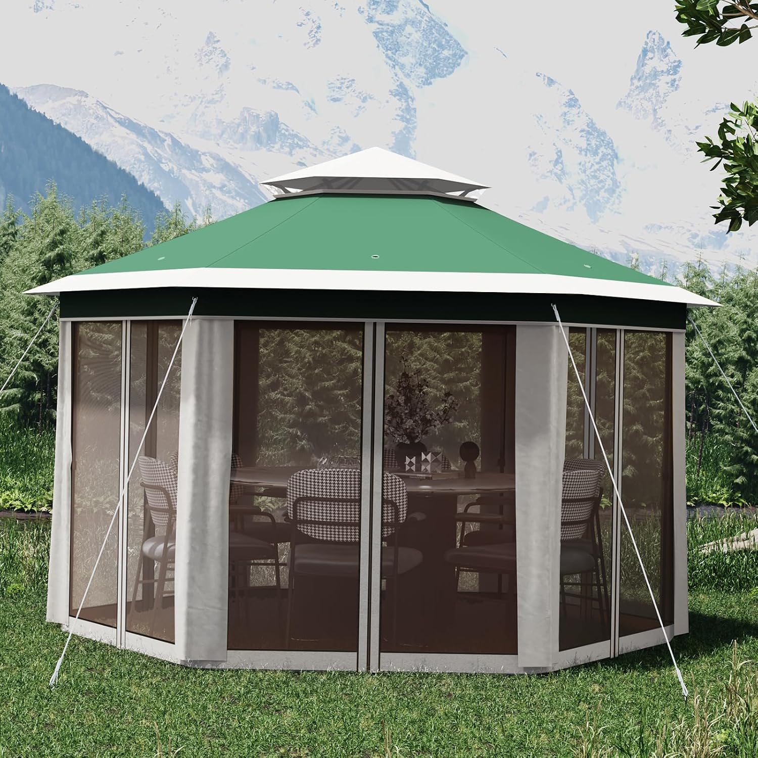 13' x 13' Pop Up Gazebo, Hexagonal Canopy Shelter with 6 Zippered Mesh Netting, Event Tent with Strong Steel Frame for Patio Backyard Garden Wedding Party, Green