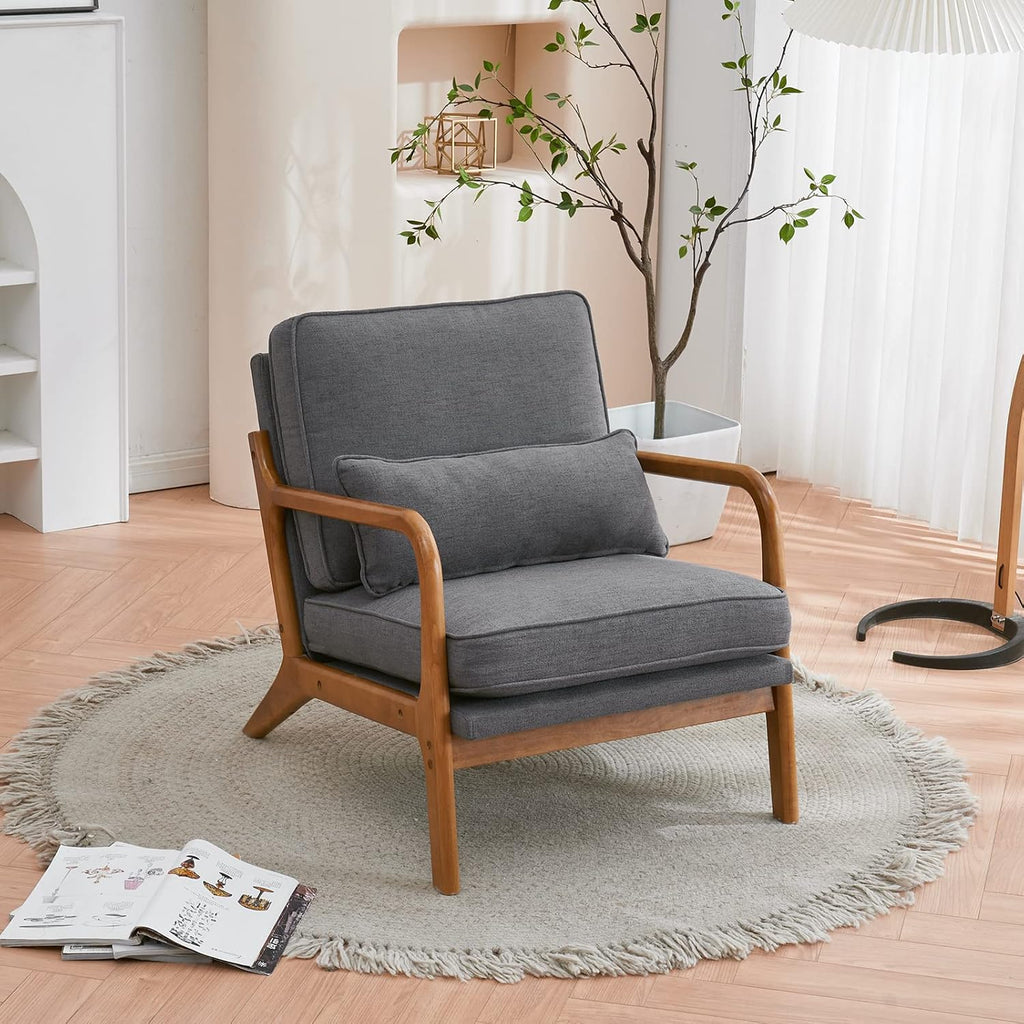 Karl home Accent Chair Mid-Century Modern Chair with Pillow Linen Fabric Upholstered Lounge Arm Chair with Solid Wood Frame & Soft Cushion for Living Room, Bedroom, Balcony, Gray