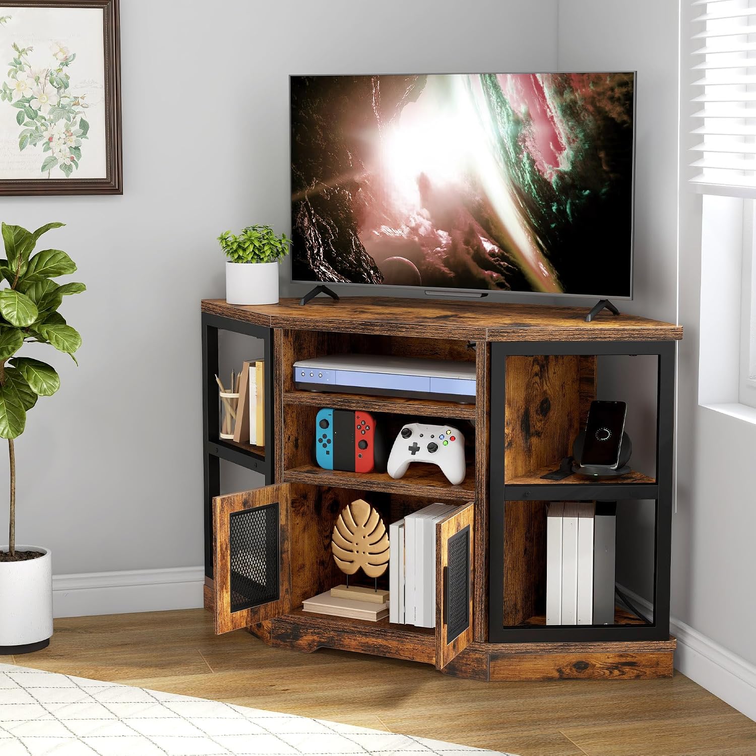 DWVO Farmhouse Corner TV Stand for Living Room, TV Stand for 50 Inch TV, Entertainment Center with Storage and Power Outlet, TV Console Cabinet, Rustic Brown