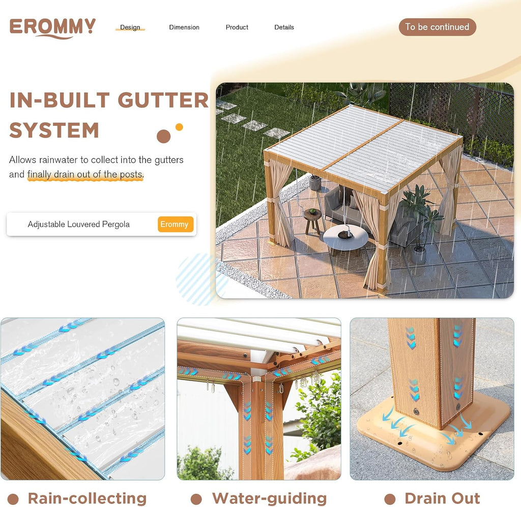 EROMMY Louvered Pergola 10x10, Outdoor Aluminum Pergola with Adjustable Rainproof Roof for Garden, Patio, Deck, Waterproof Curtains and Netting Included, Wood Grain