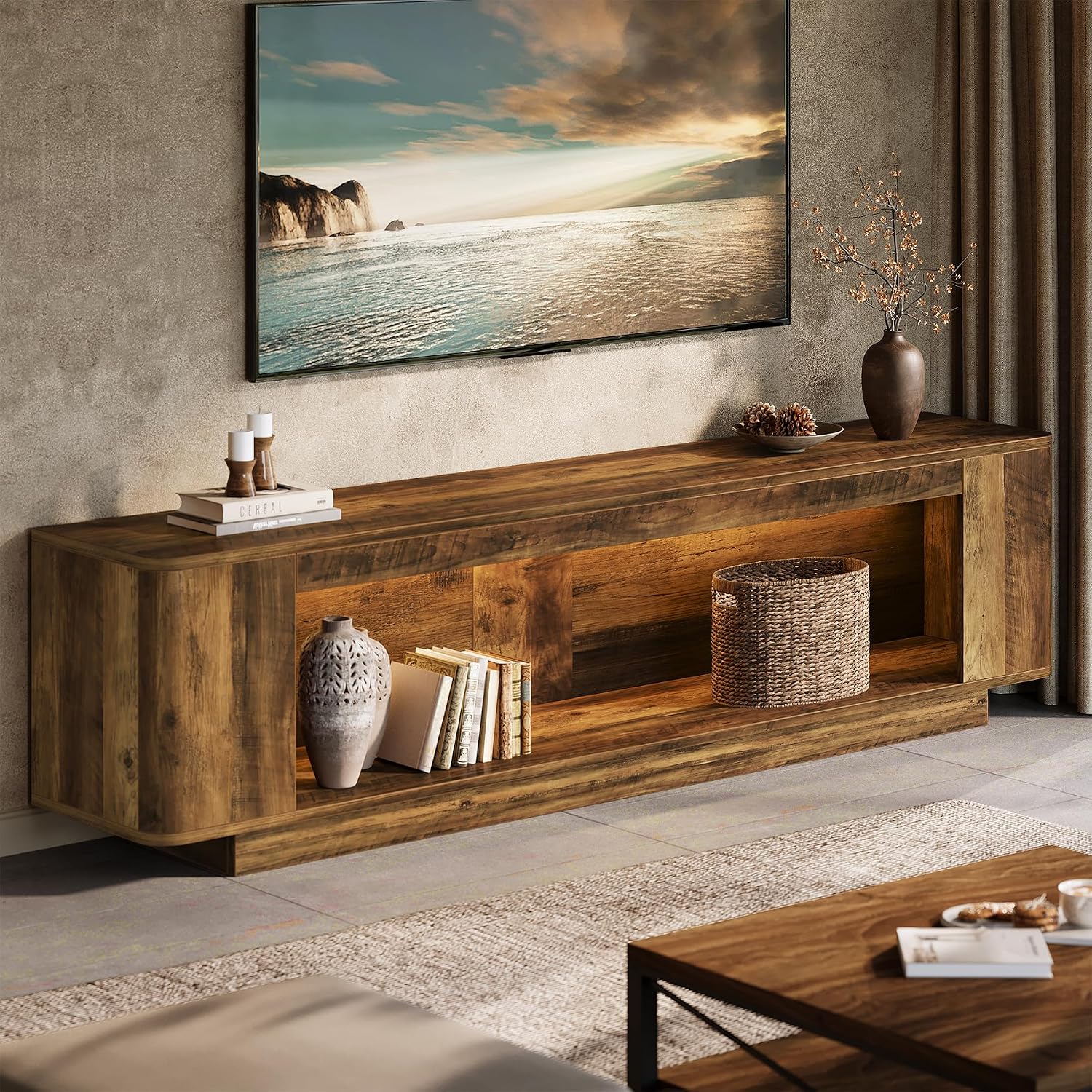Tribesigns 70.9-Inch TV Stand, Farmhouse Entertainment Center for 65/70/75/80-Inch TVs, Television Console Table with LED Light Strip, Media Console for Living Room, Bedroom, Rustic Brown