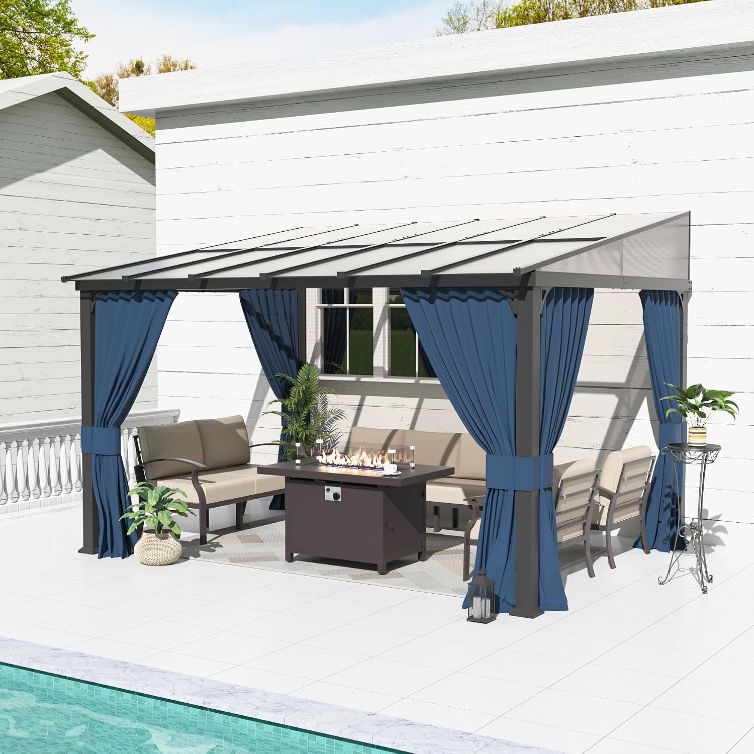 Kurapika 10' x 14' Wall Mount Gazebo Outdoor Pergola, Hardtop Lean to Gazebo Canopy Awnings with Sloped Roof and Sturdy Steel Frame, for Patio, Porch, Deck, Backyard(Navy Blue)